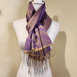 ALVINA Purple and Gold Scarf with Fringe